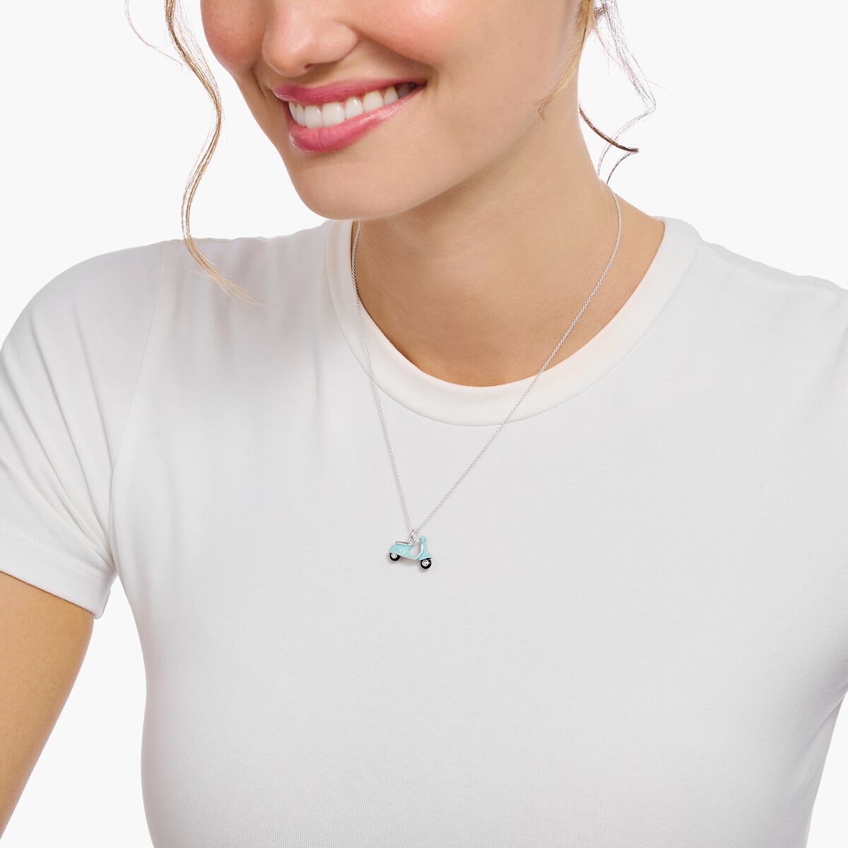 Silver neckalce with motor scooter pendant and cold enamel