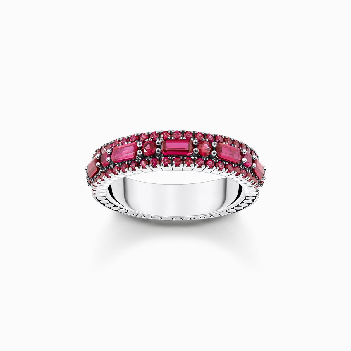 Silver blackened ring with ruby red stones