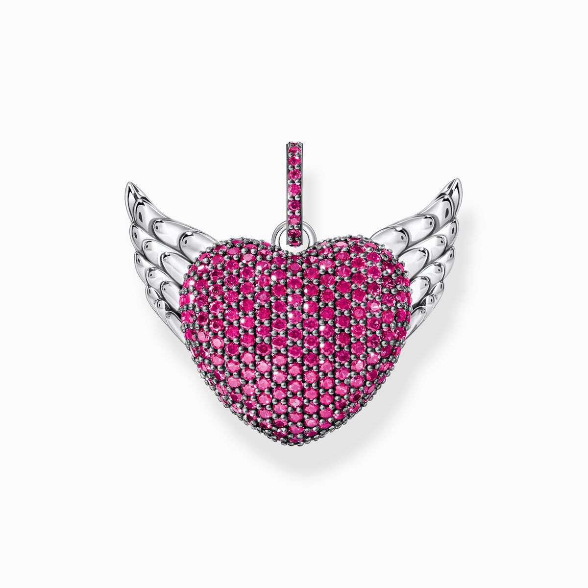 Silver blackened heart pendant with wings and ruby red zirconia