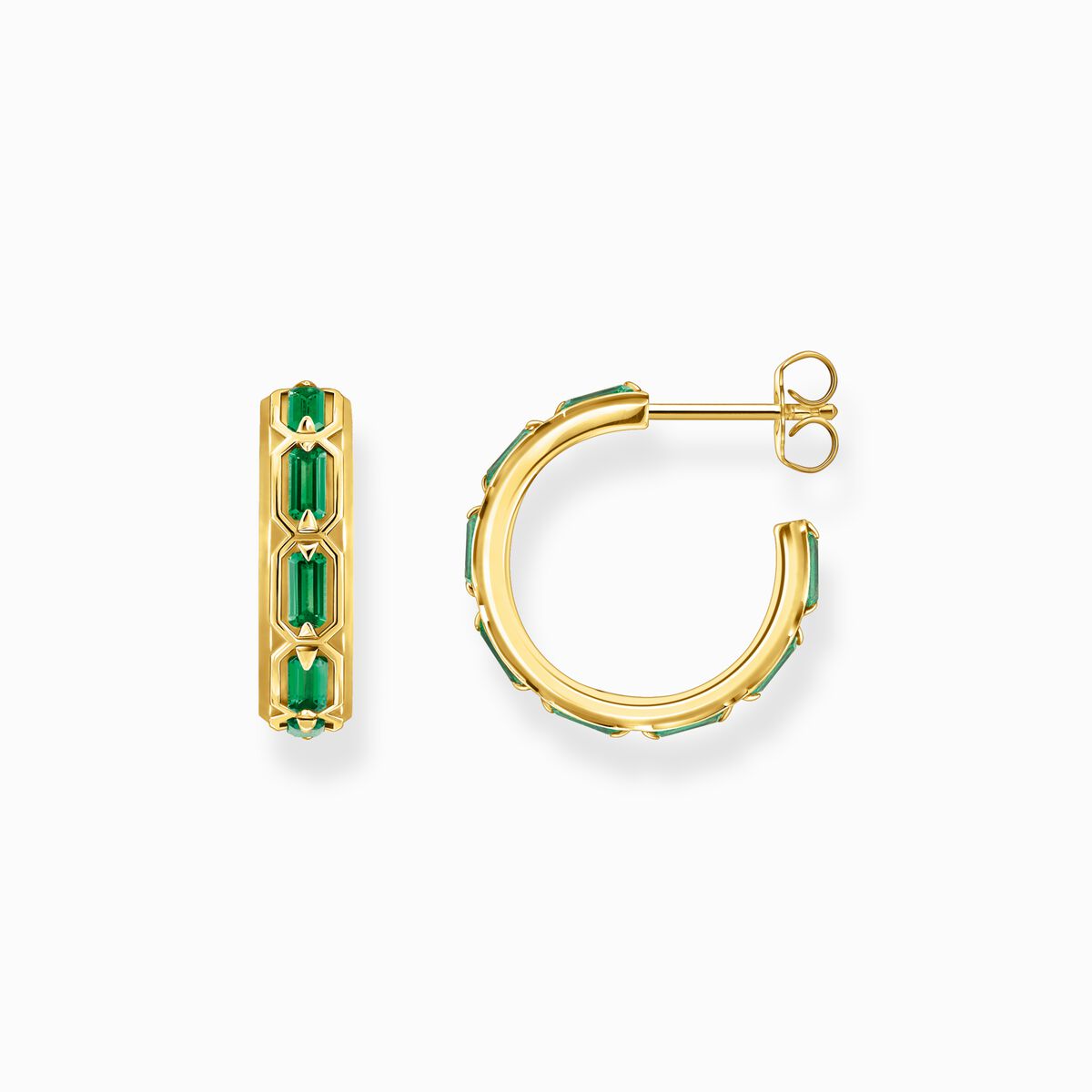 Yellow-gold plated hoop earrings with green stones