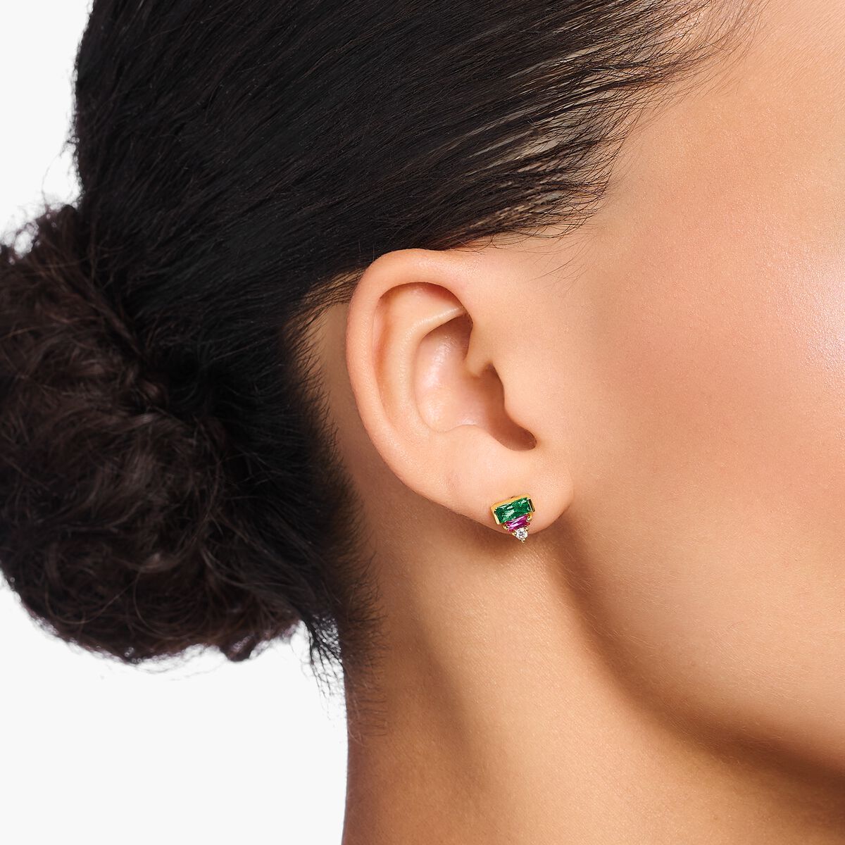 Ear studs with colourful baguette-cut stones gold plated