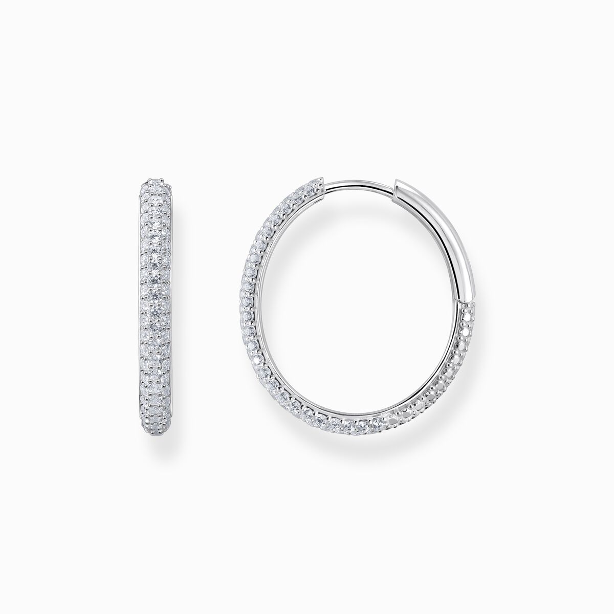Silver big thin hoop earrings with white zirconia
