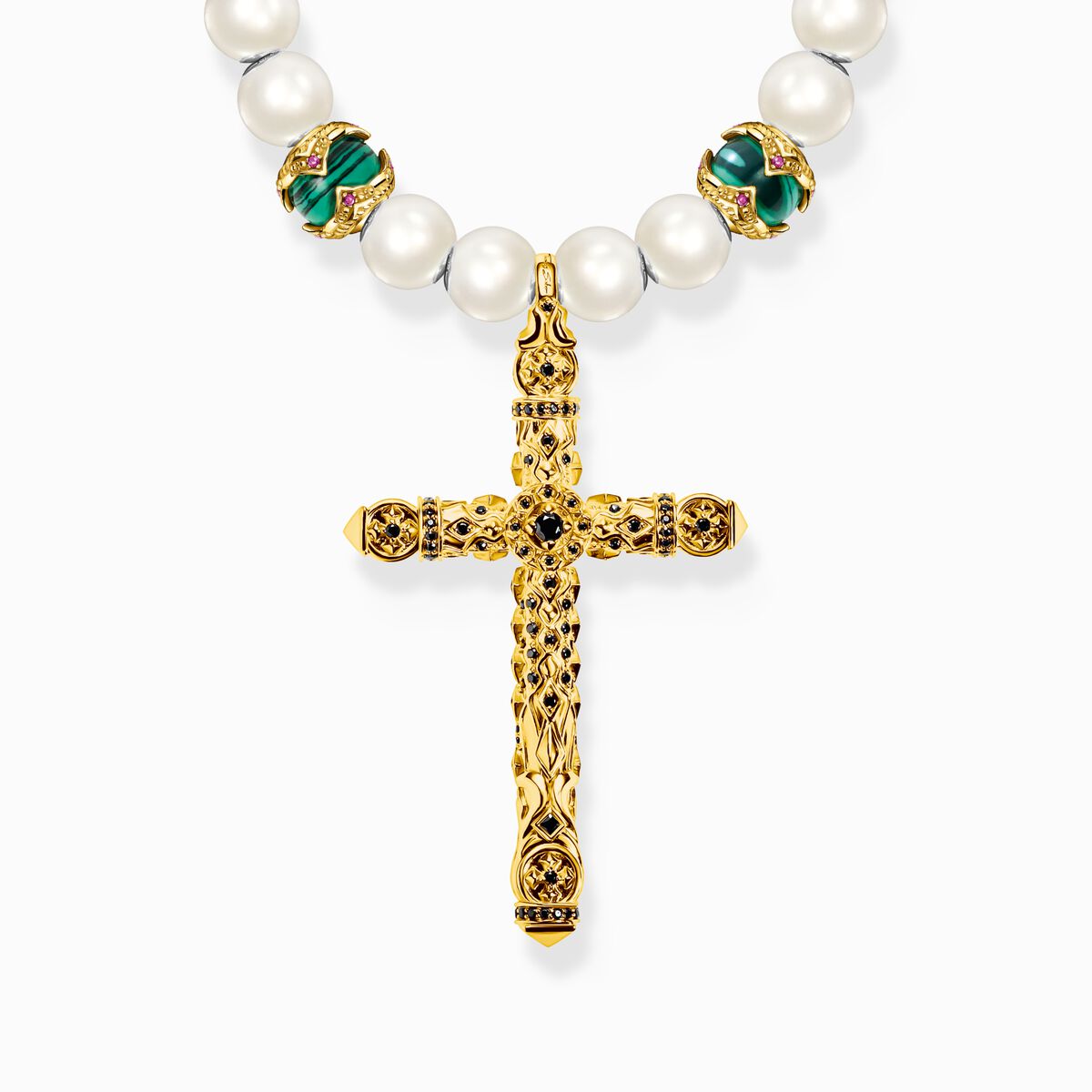 Gold-plated necklace made of different beads with cross pendant