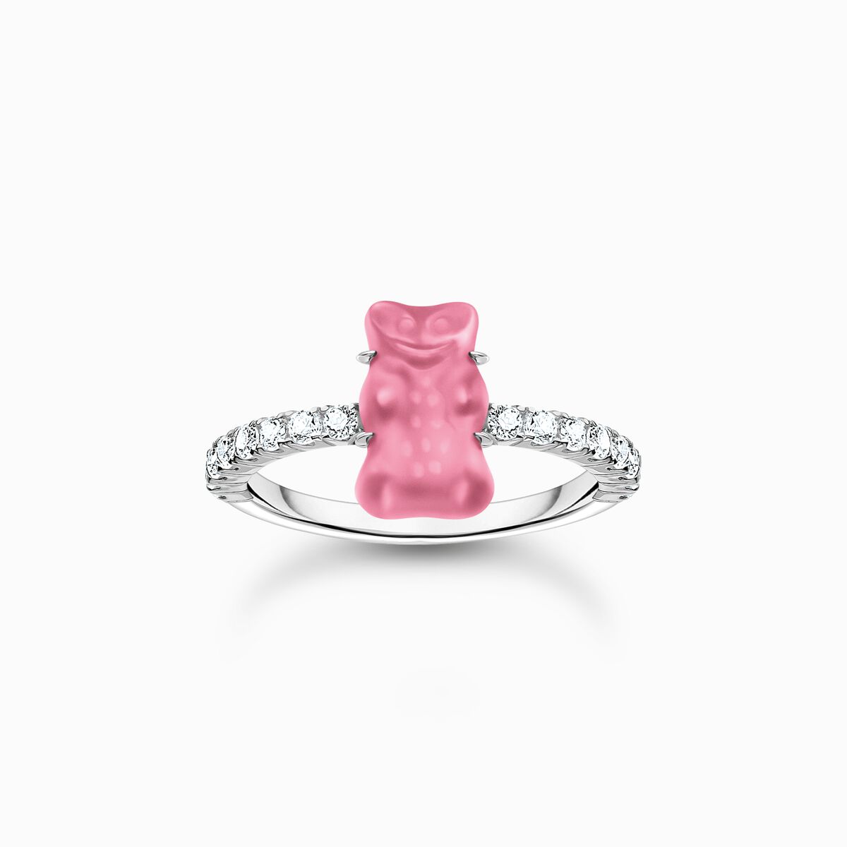 Silver ring with pink mini sized Goldbears and zirconia