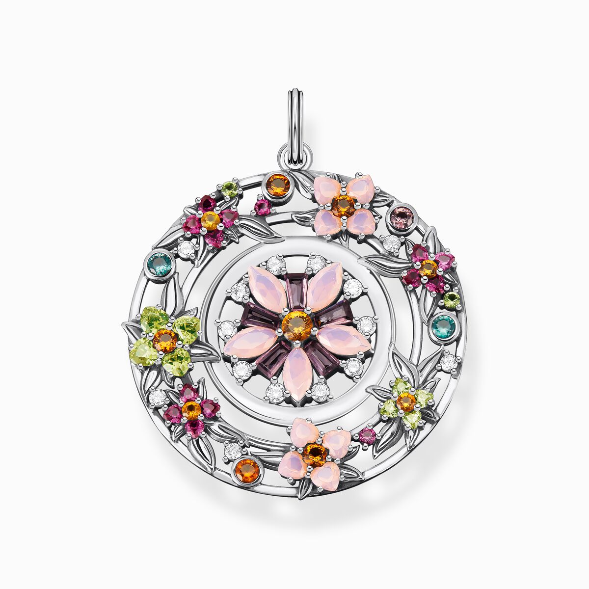 Pendant amulet flowers colourful stones silver