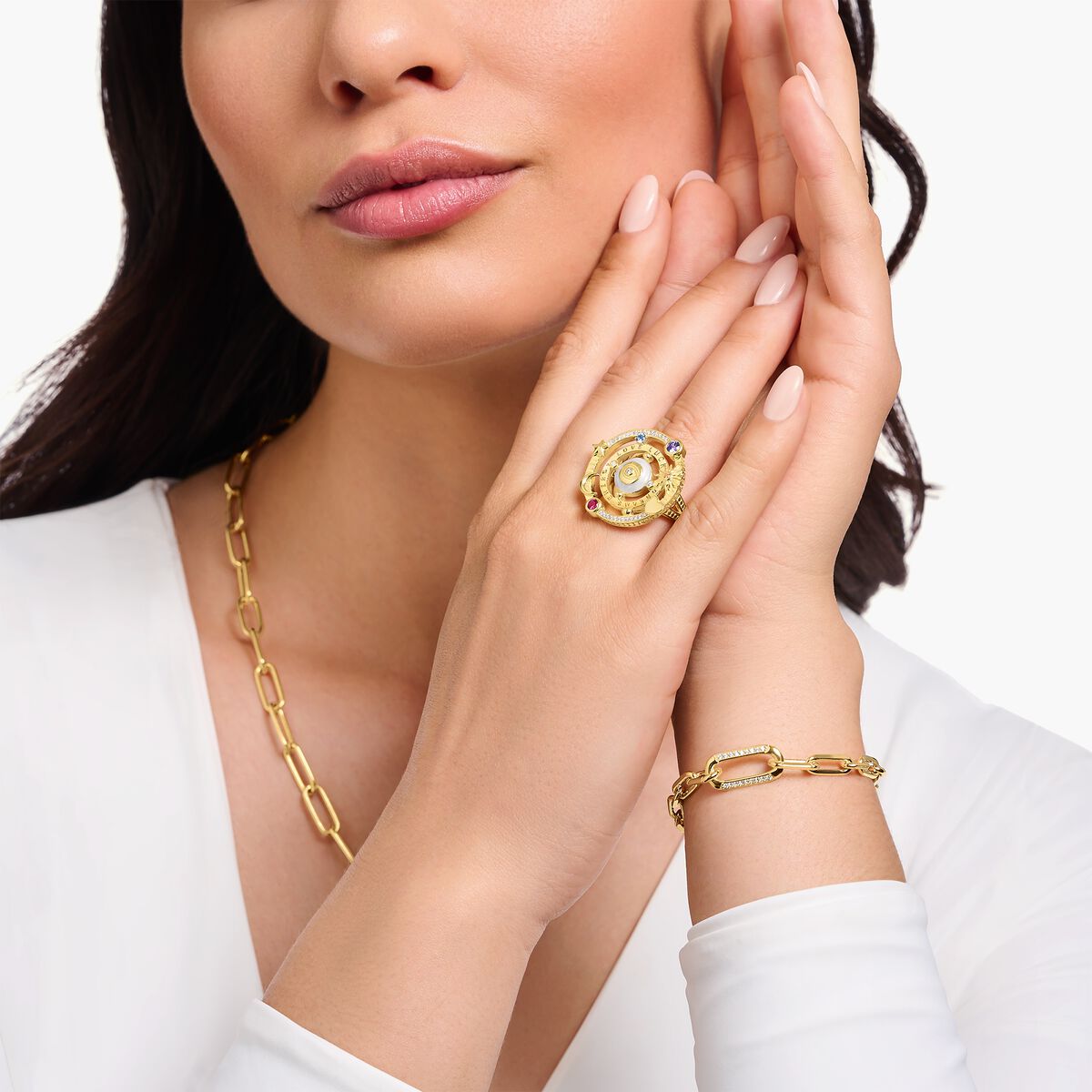 Yellow-gold plated cocktail ring with half-ball and stones