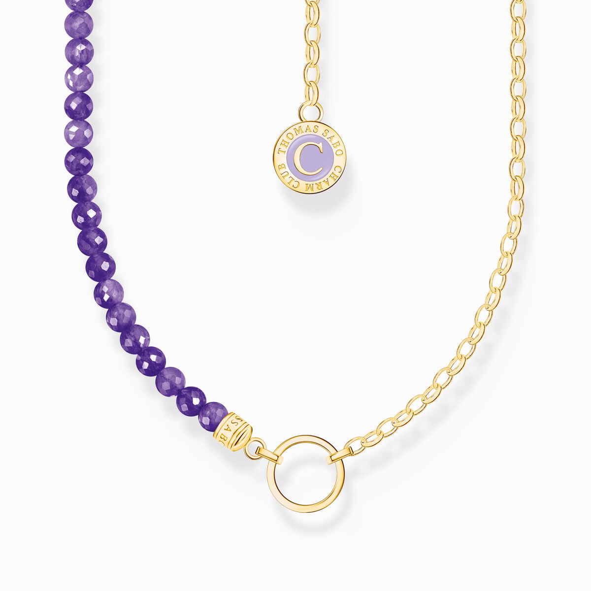 Charm necklace with violet beads yellow-gold plated