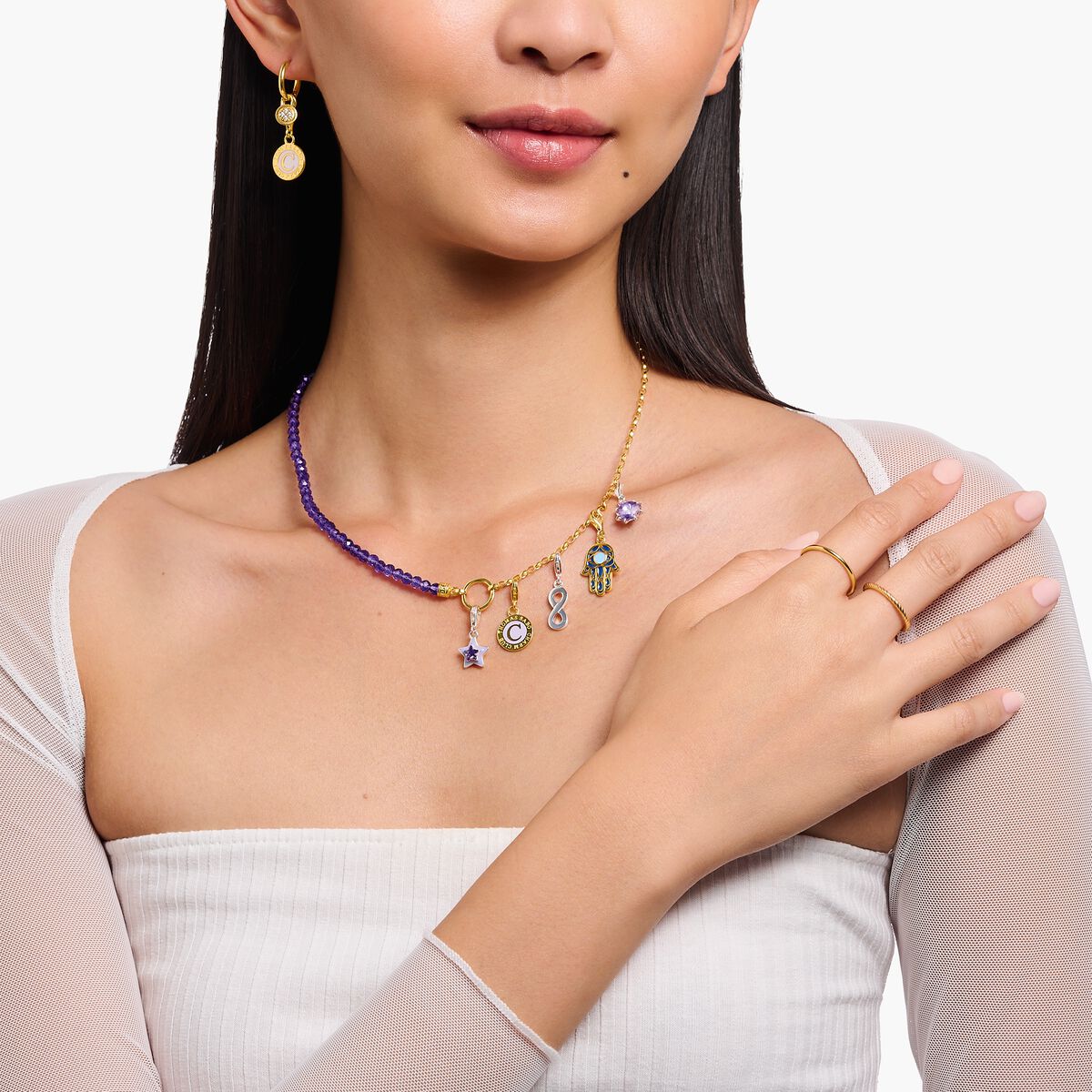 Charm necklace with violet beads yellow-gold plated