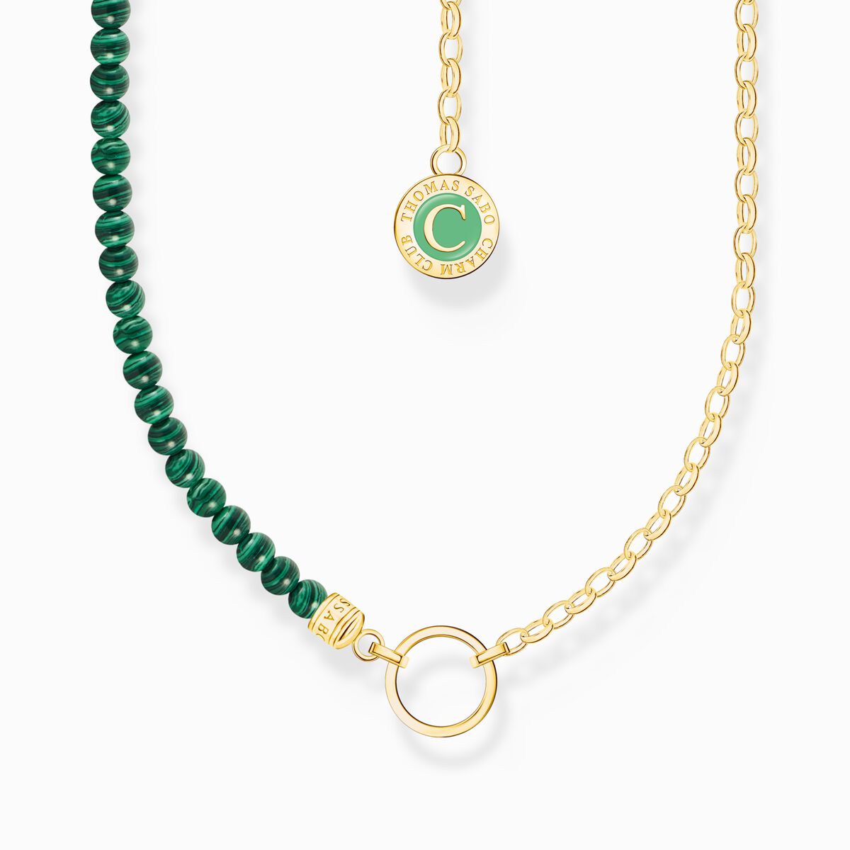 Charm necklace with green beads yellow-gold plated
