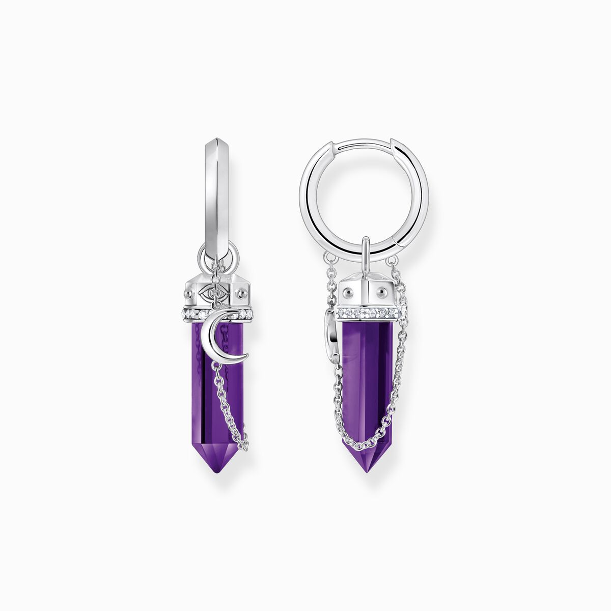 Silver hoop earrings with imitation amethysts and delicate chain