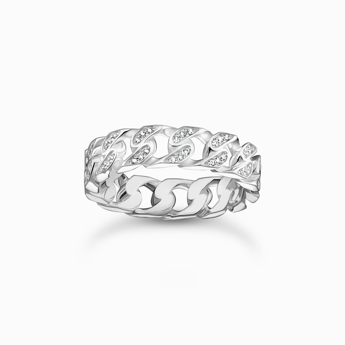 Silver slim ring with chain links and white stones