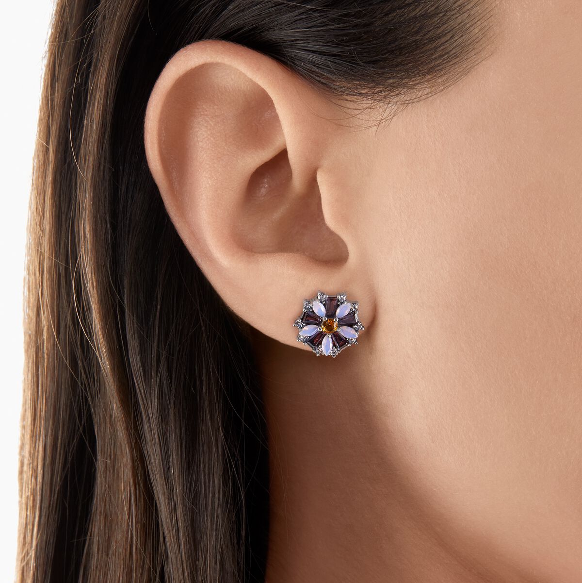 Ear studs flower silver with stones
