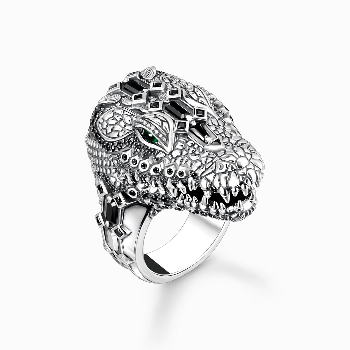 Blackened silver ring with crocodile head and black and green stones
