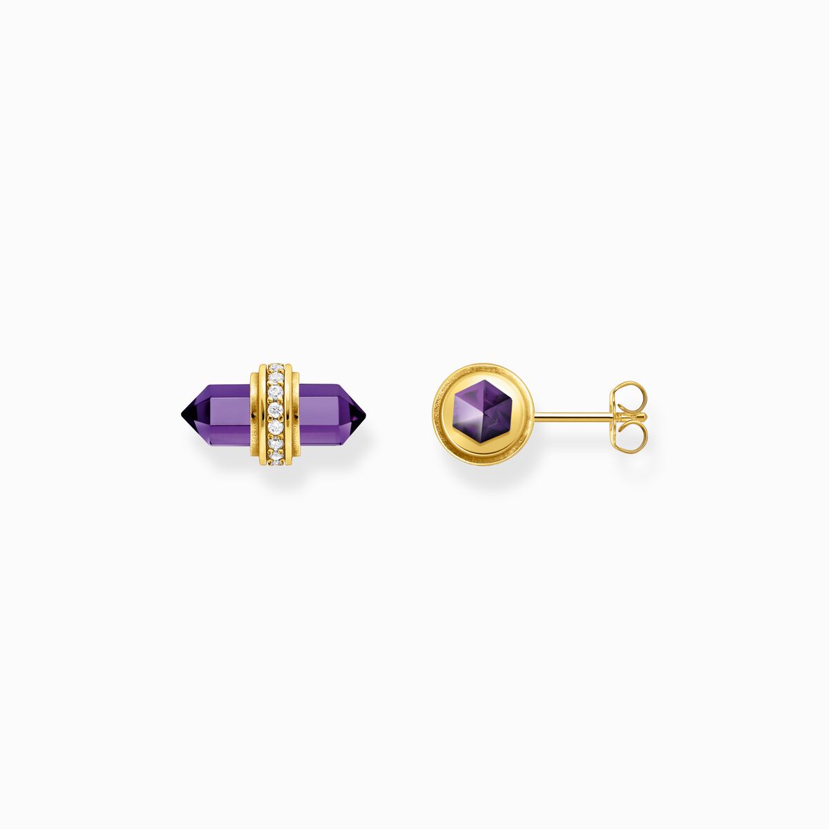 Gold-plated ear studs with hexagonal imitation amethyst