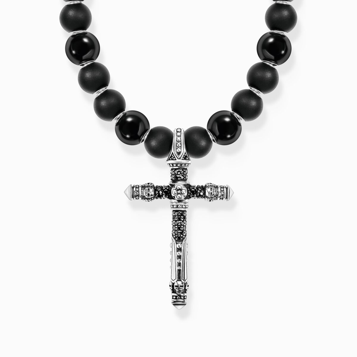 Silver blackened necklace made of black beads with cross pendant