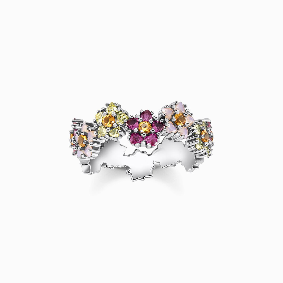 Ring flowers colourful stones silver