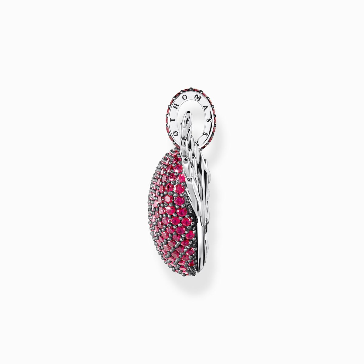 Silver blackened heart pendant with wings and ruby red zirconia