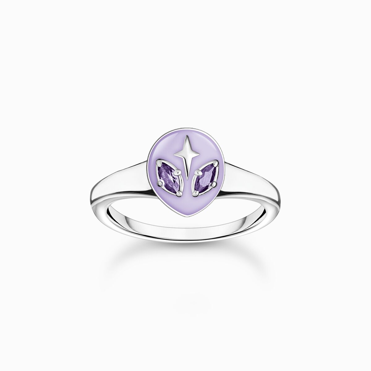 Ring with alien head and violet stones silver