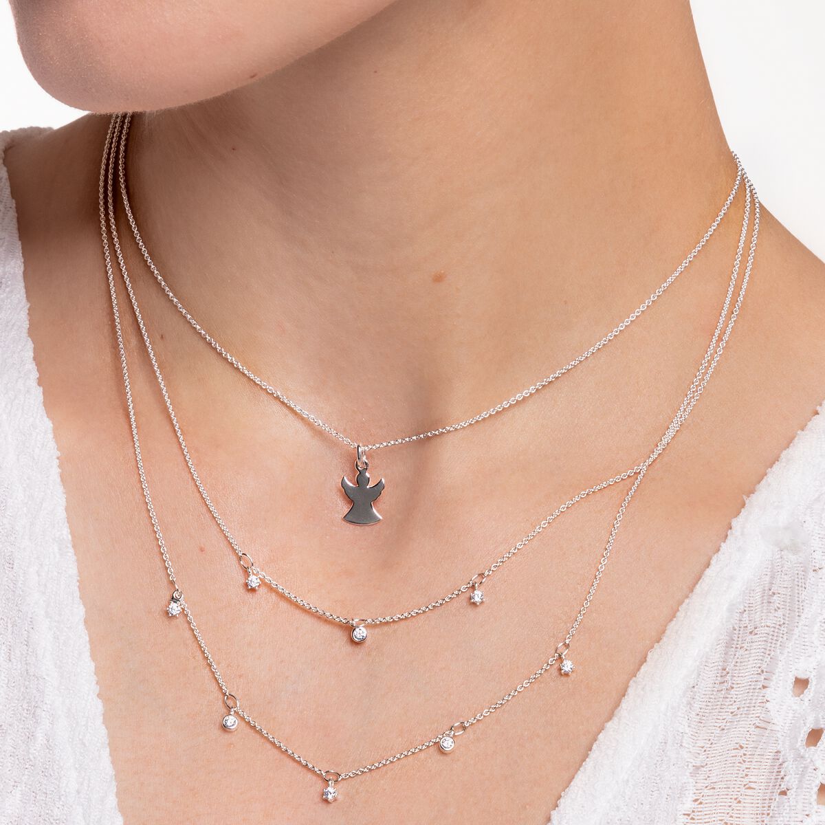Necklace double white stones silver