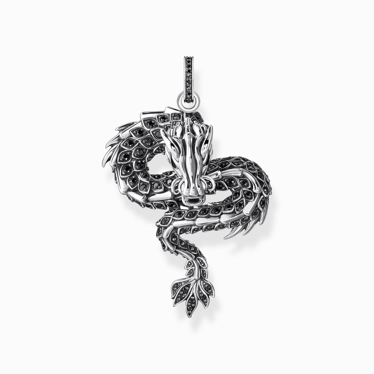 Silver blackened dragon pendant with black zirconia & cold enamel