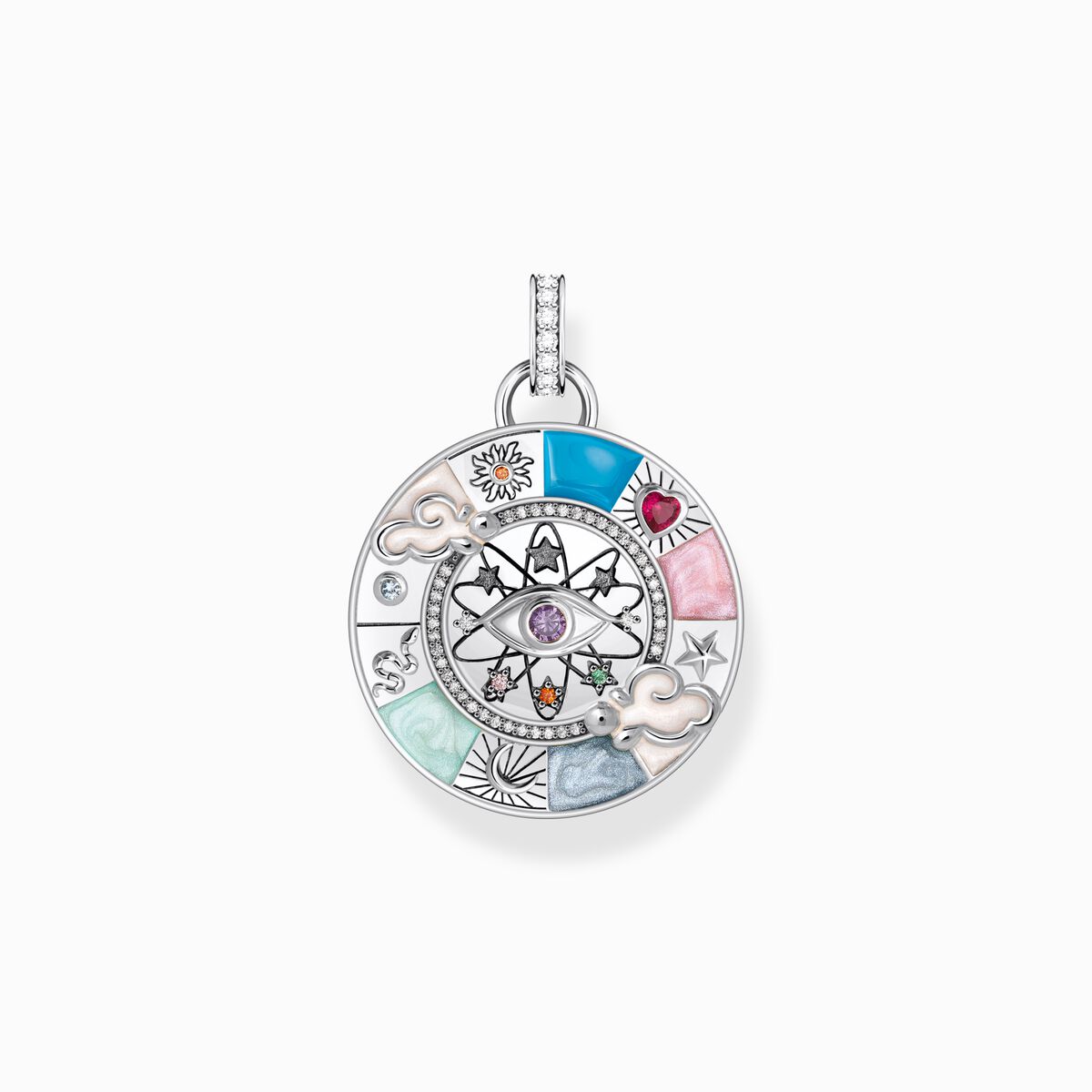 Silver pendant wheel of fortune with cold enamel and stones