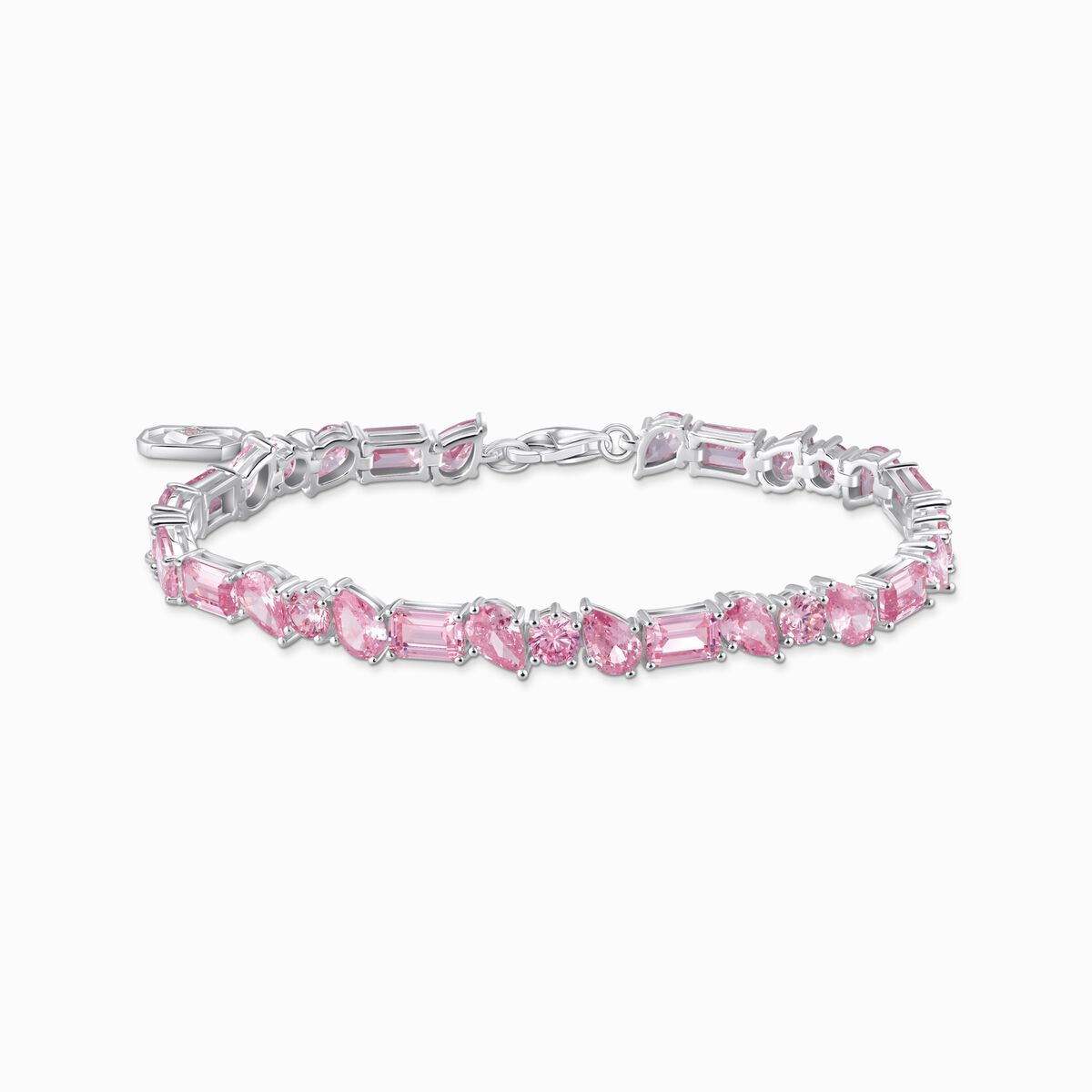 Silver tennis bracelet with 31 pink zirconia stones