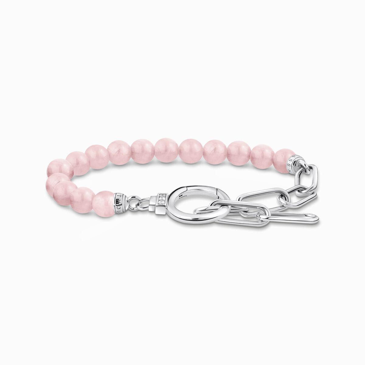 Silver bracelet with link chain elements and rose quartz beads