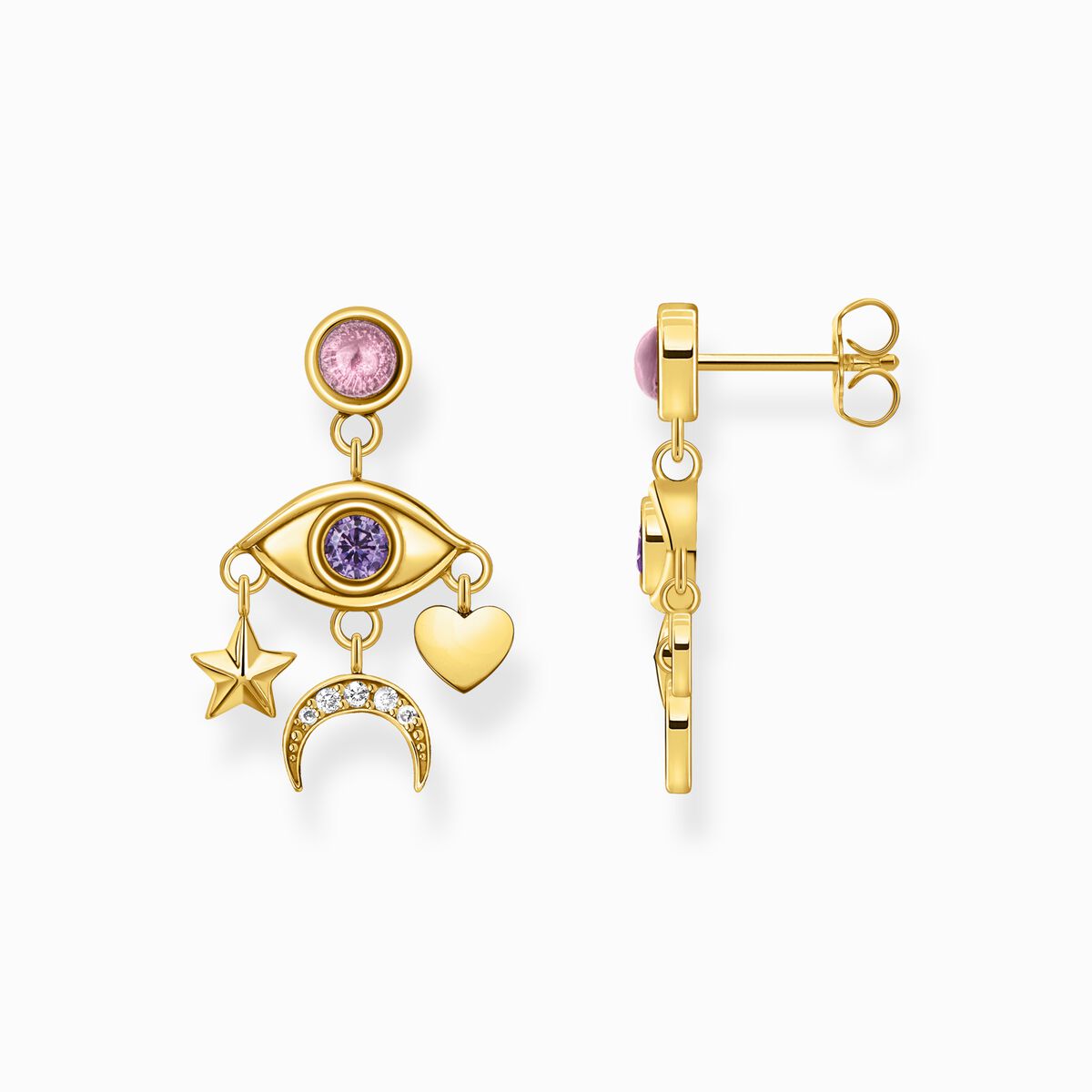 Yellow-gold plated earrings with stylised eye and various stones