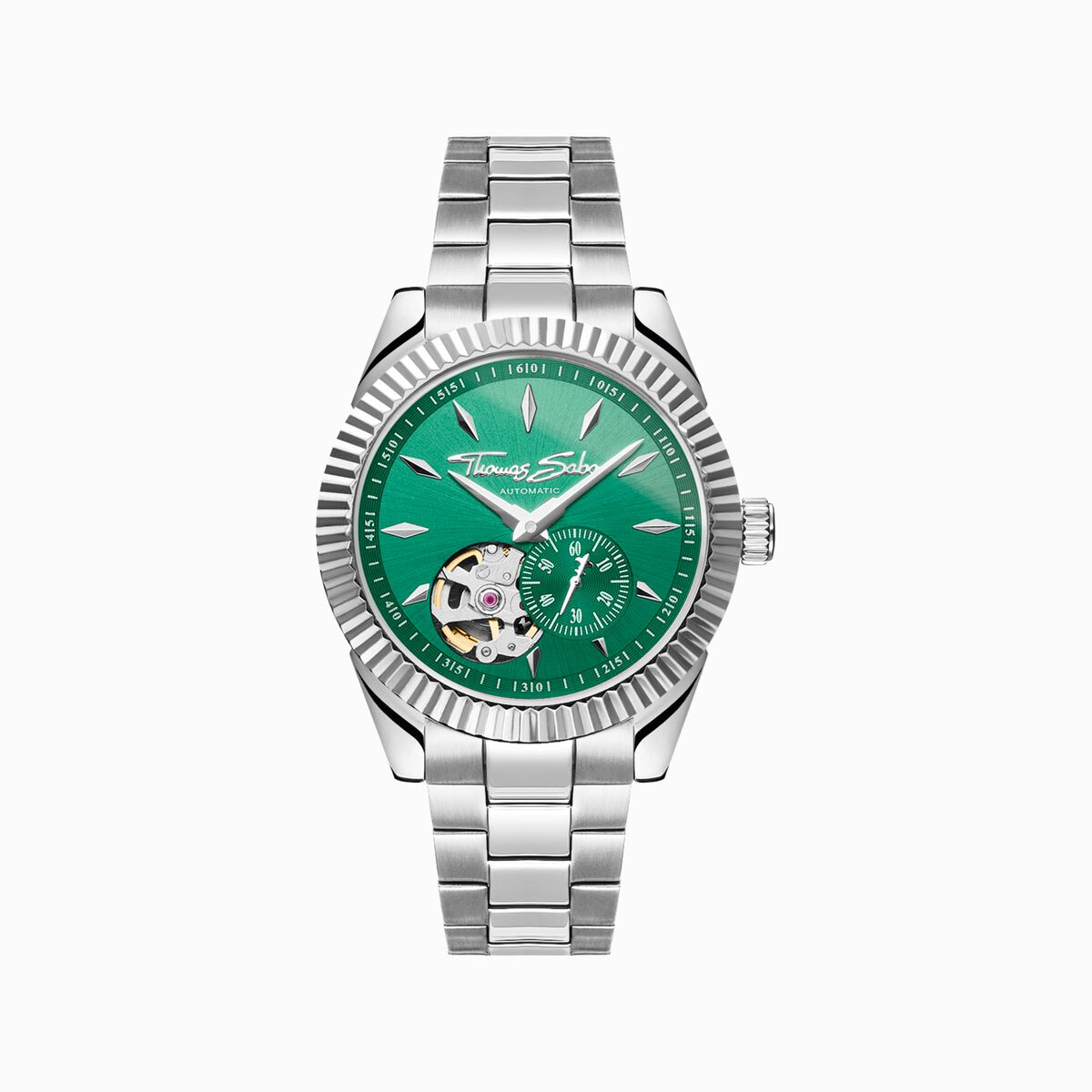 Silver automatic watch with 36 mm and emerald green dial