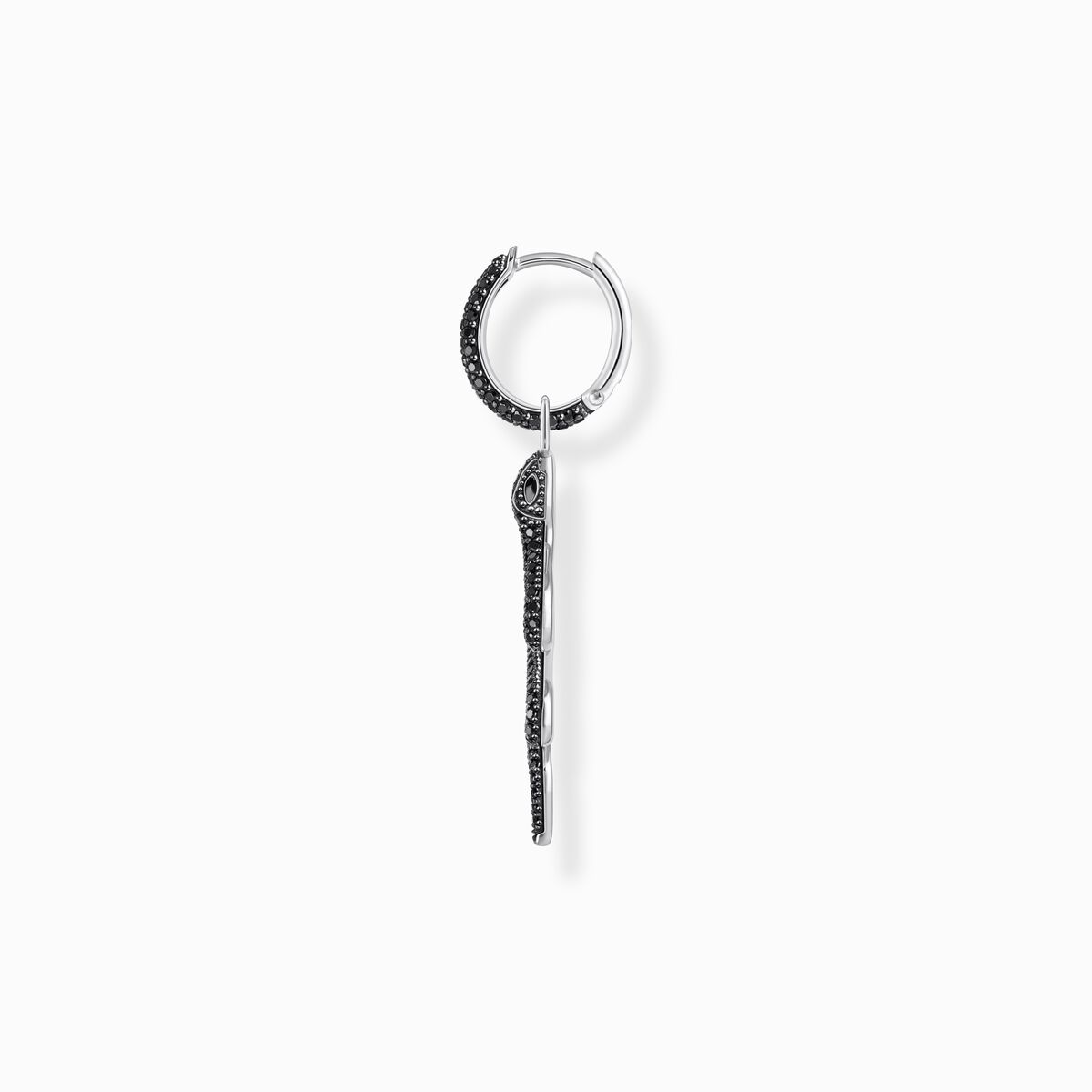 Silver blackened snake single hoop earring with black zirconia