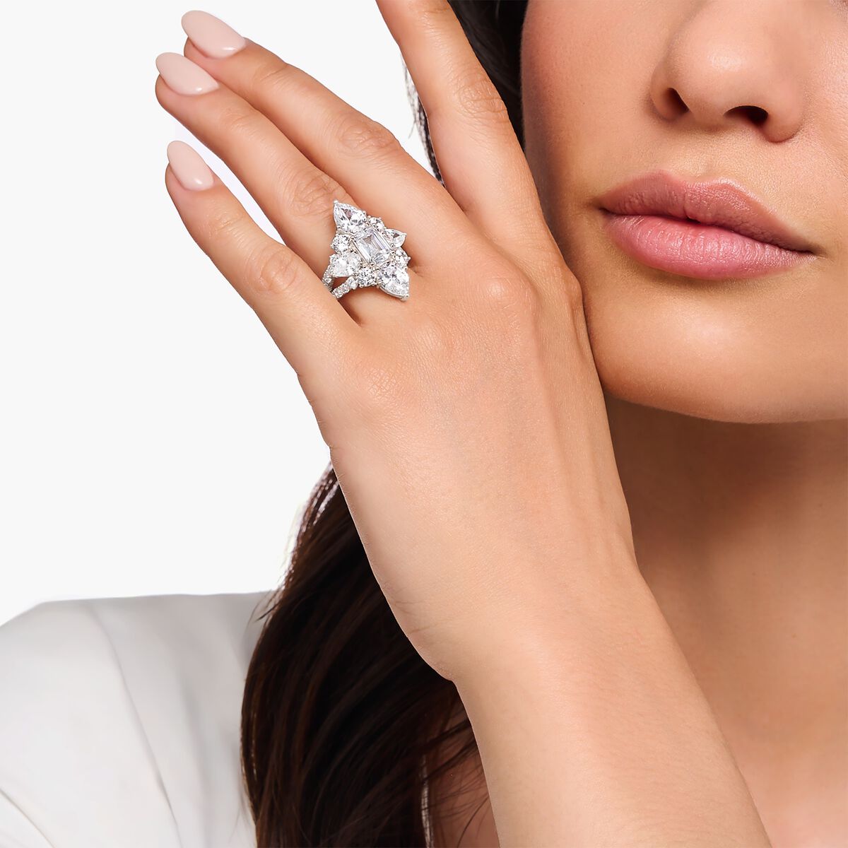 Silver cocktail ring with white zirconia in different sizes