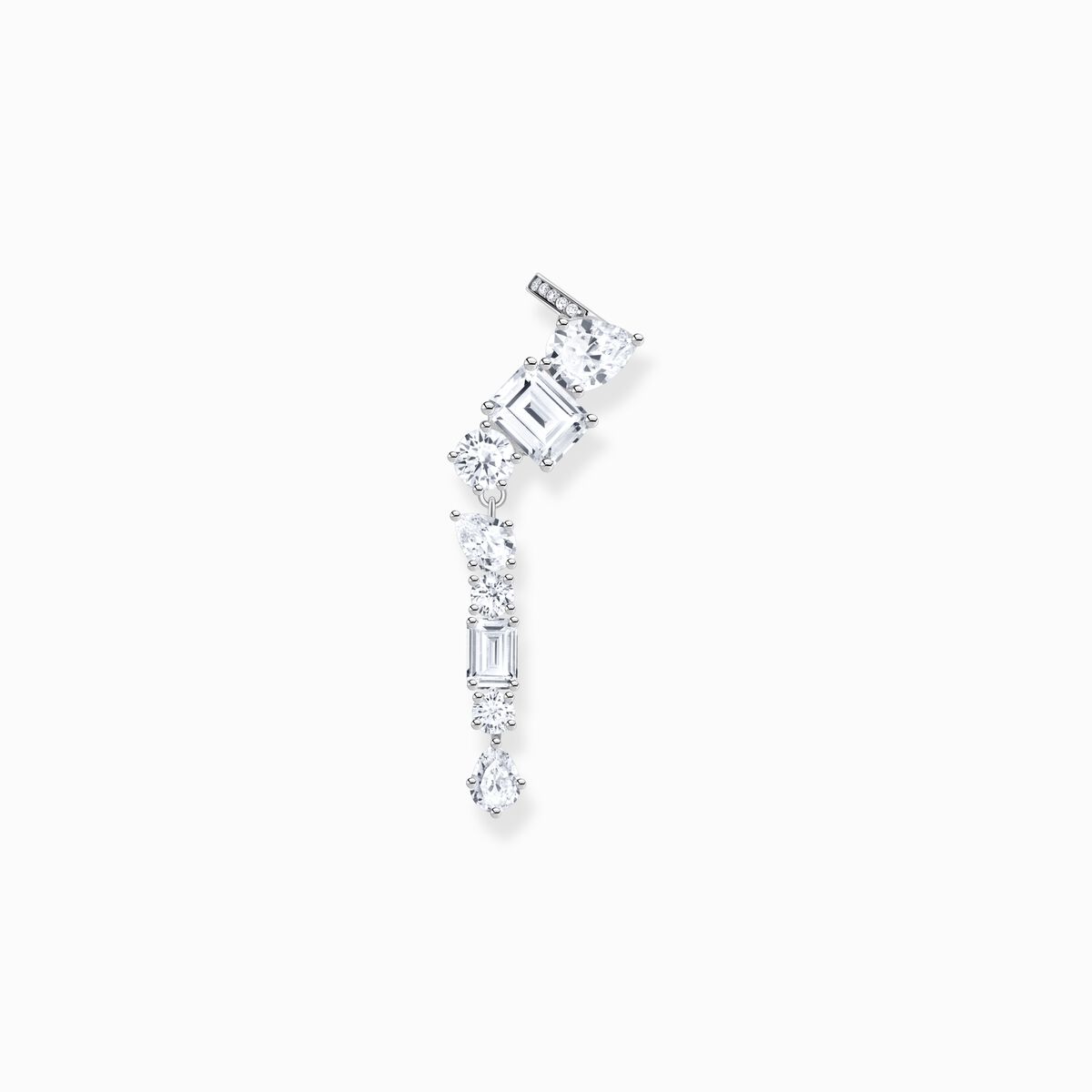 Silver single ear stud in ear climber style with white zirconia