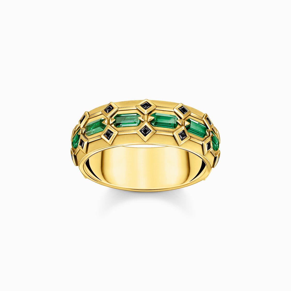 Wide gold plated ring in crocodile design with green stones