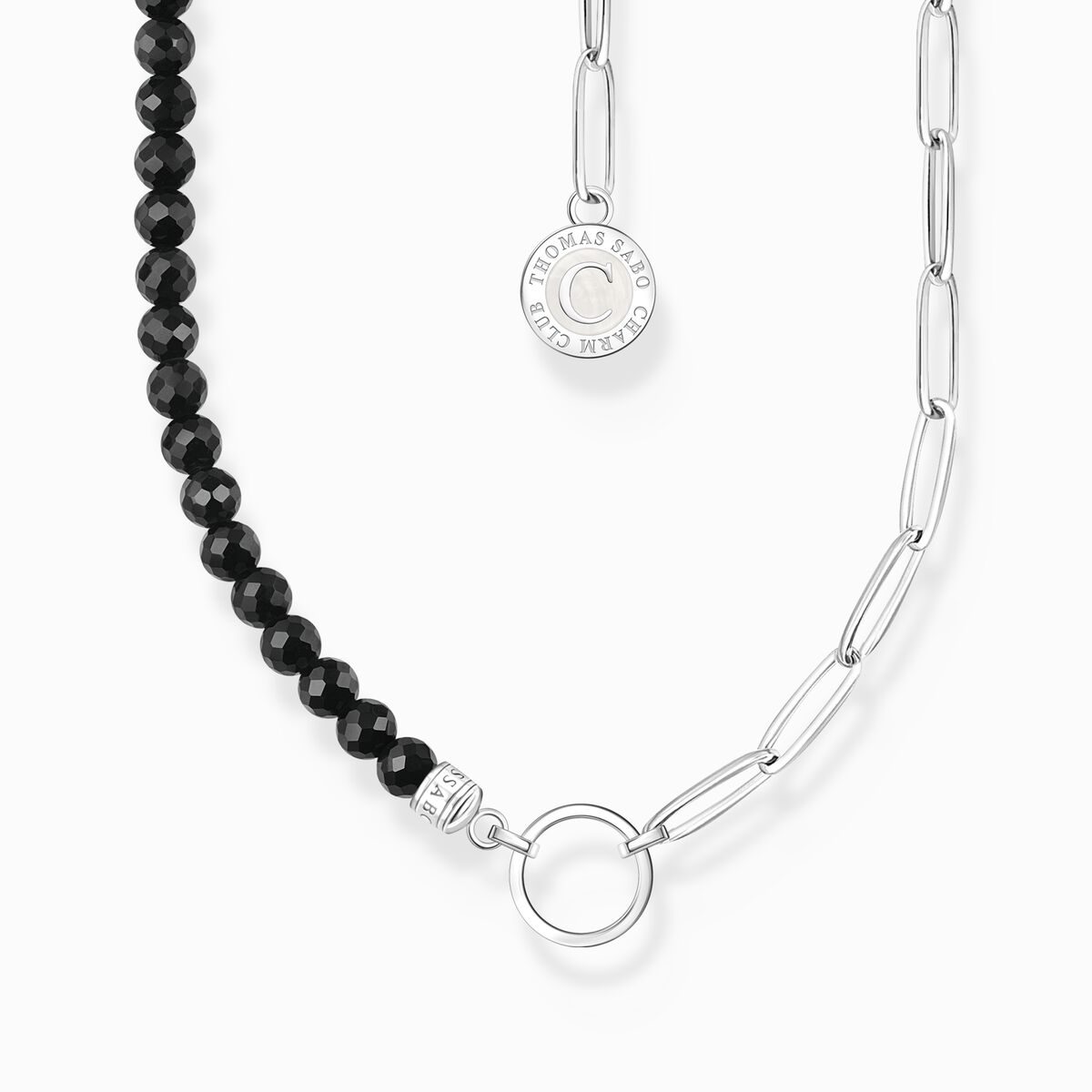 Silver charm necklace with black obsidian beads