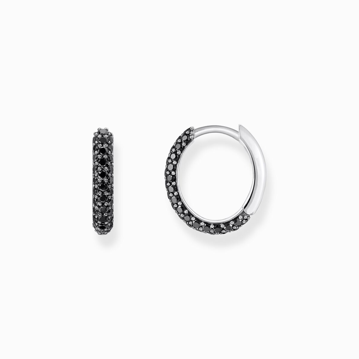 Silver hoop earrings with black zirconia pavé