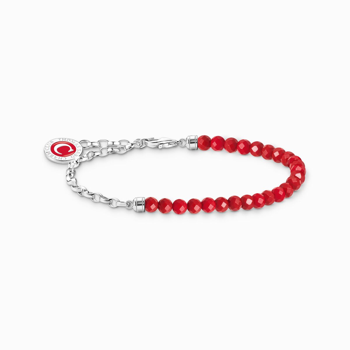 Silver charm bracelet with red beads