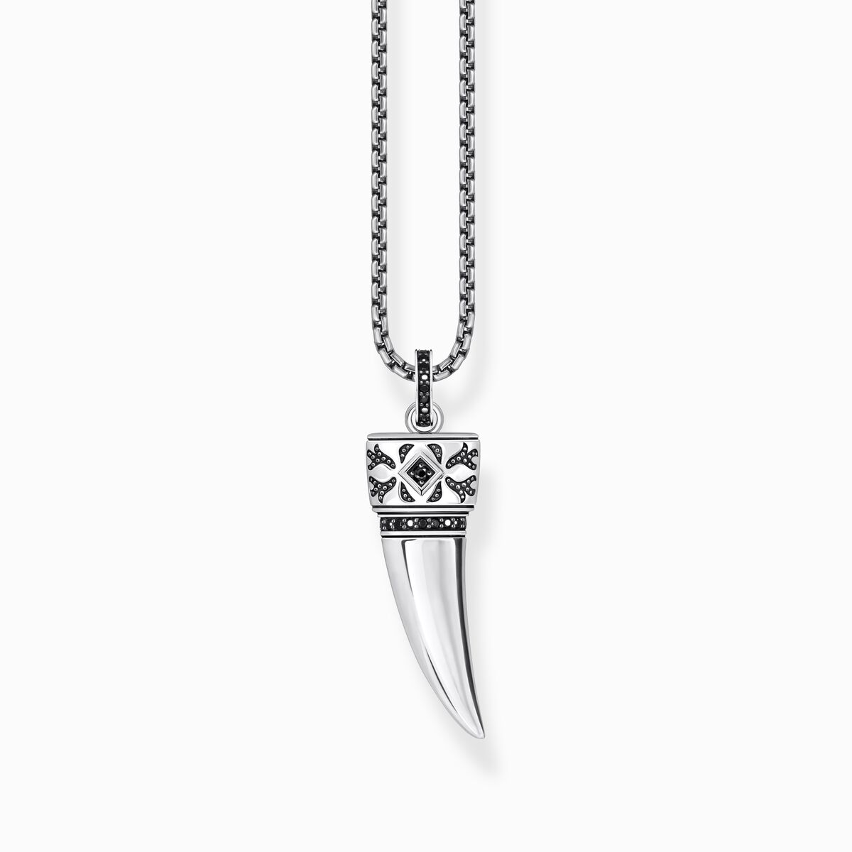 Silver blackened necklace with wolf's tooth pendant and stones