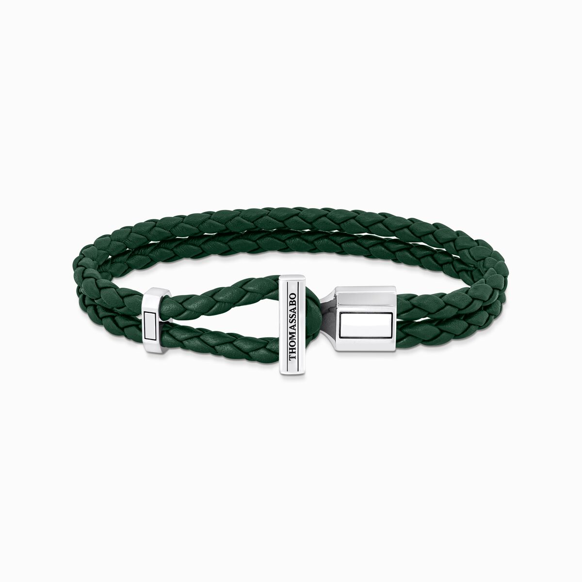 Silver double bracelet with braided, green leather