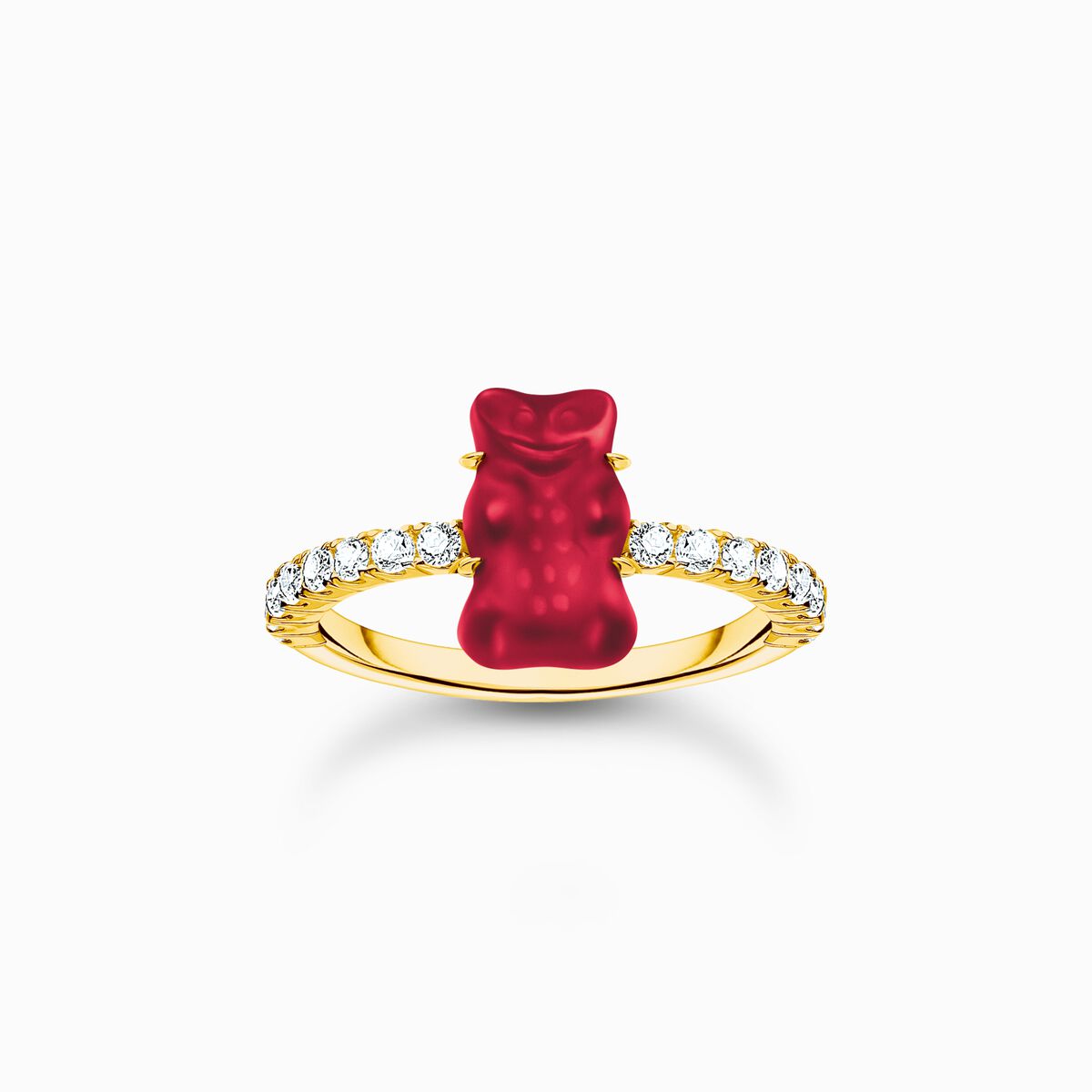 Gold-plated ring with red mini sized goldbears and zirconia