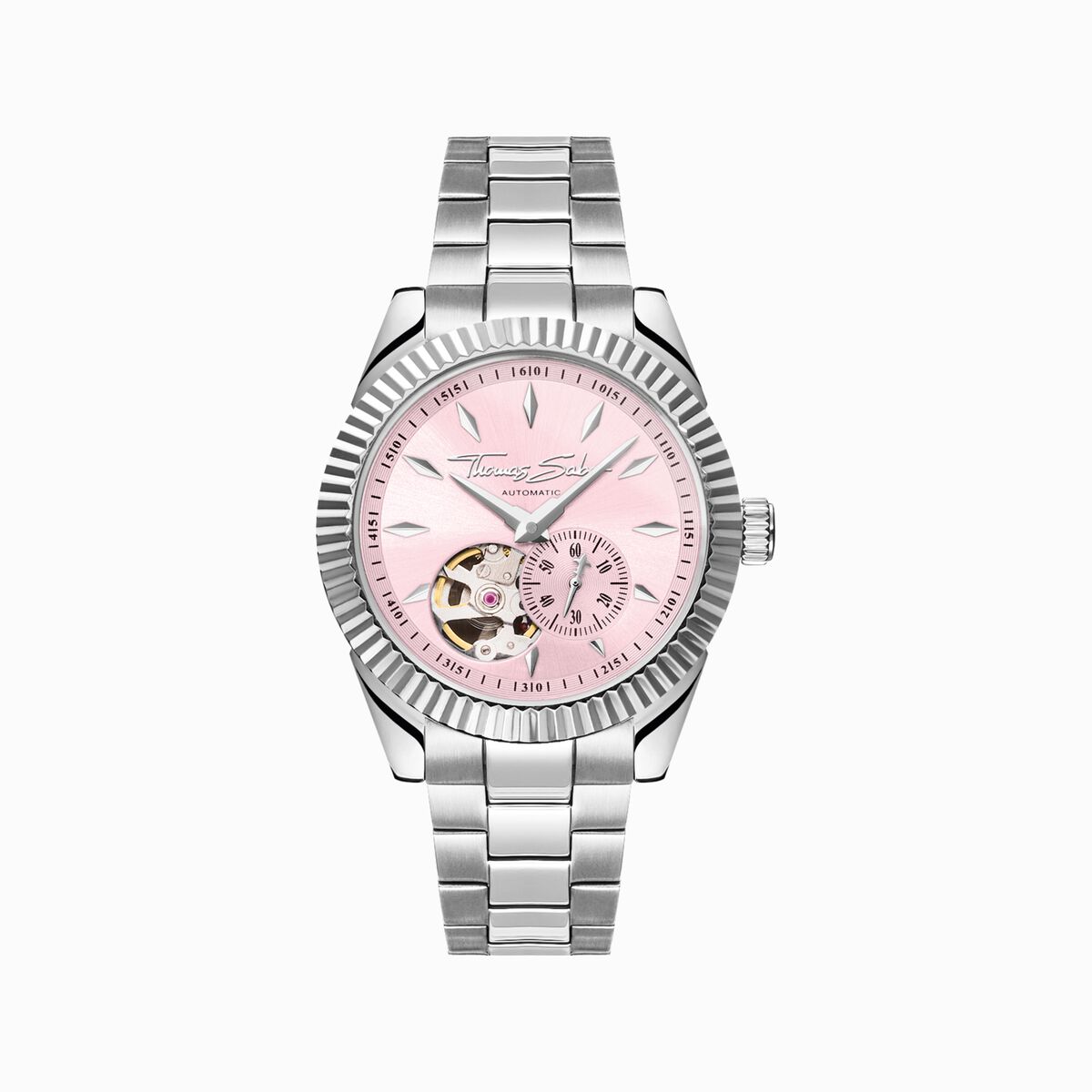 Silver automatic watch with 36 mm and rebel pink dial