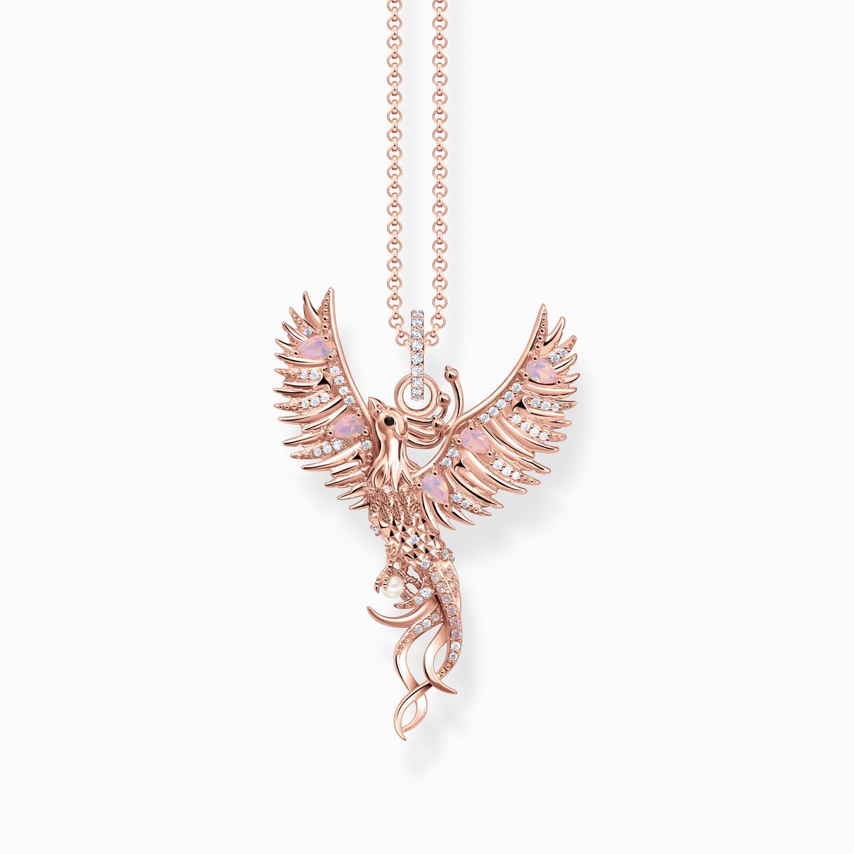 Rose-gold plated necklace with Phoenix pendant and various stones