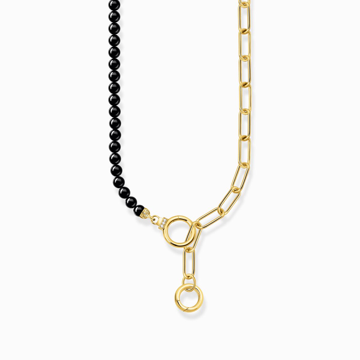 Yellow-gold plated necklace with onyx beads and white zirconia