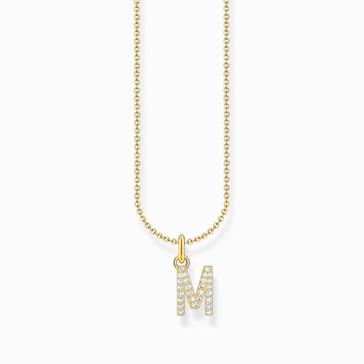 Gold-plated necklace with letter pendant M and white zirconia