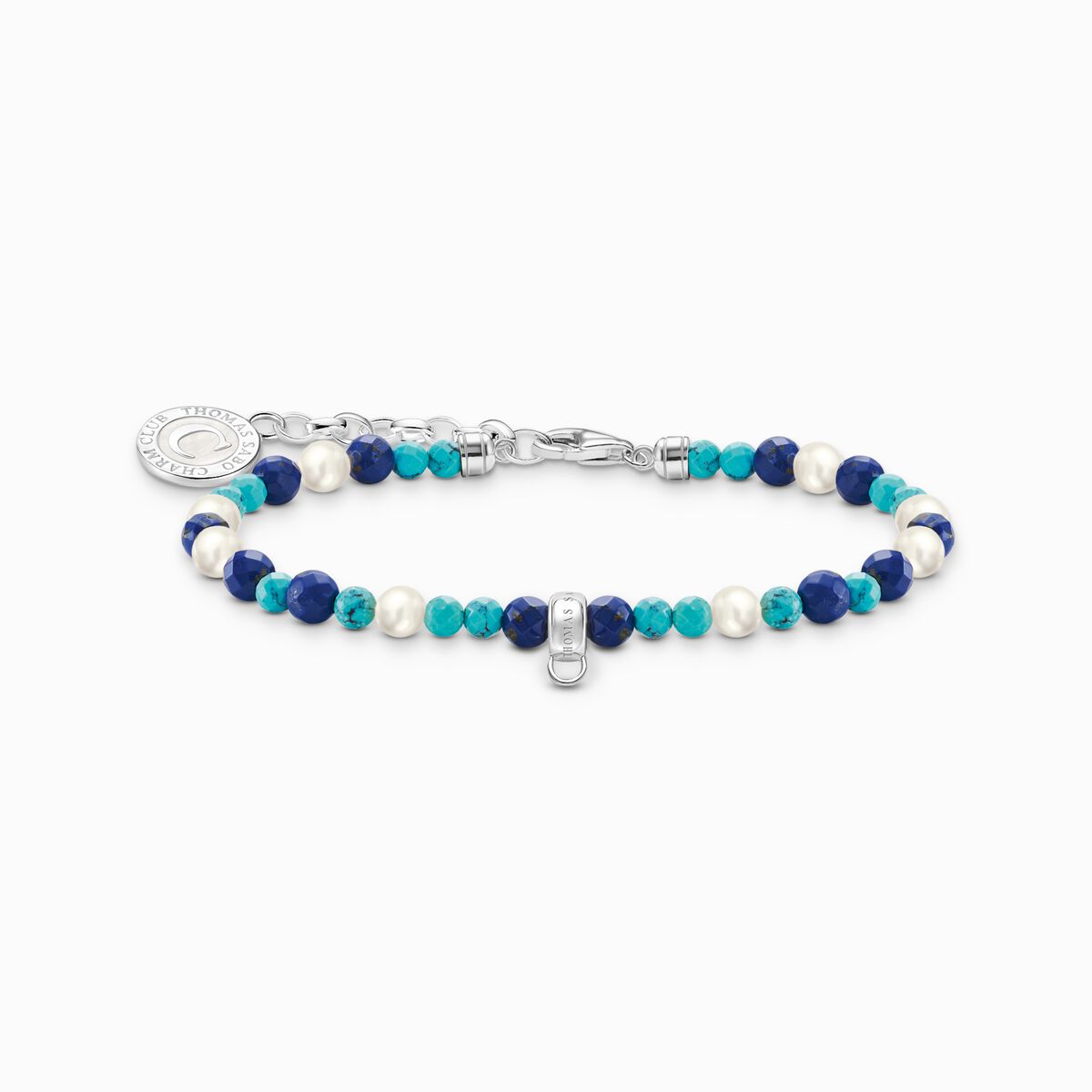 Silver charm bracelet with white pearls & blue beads