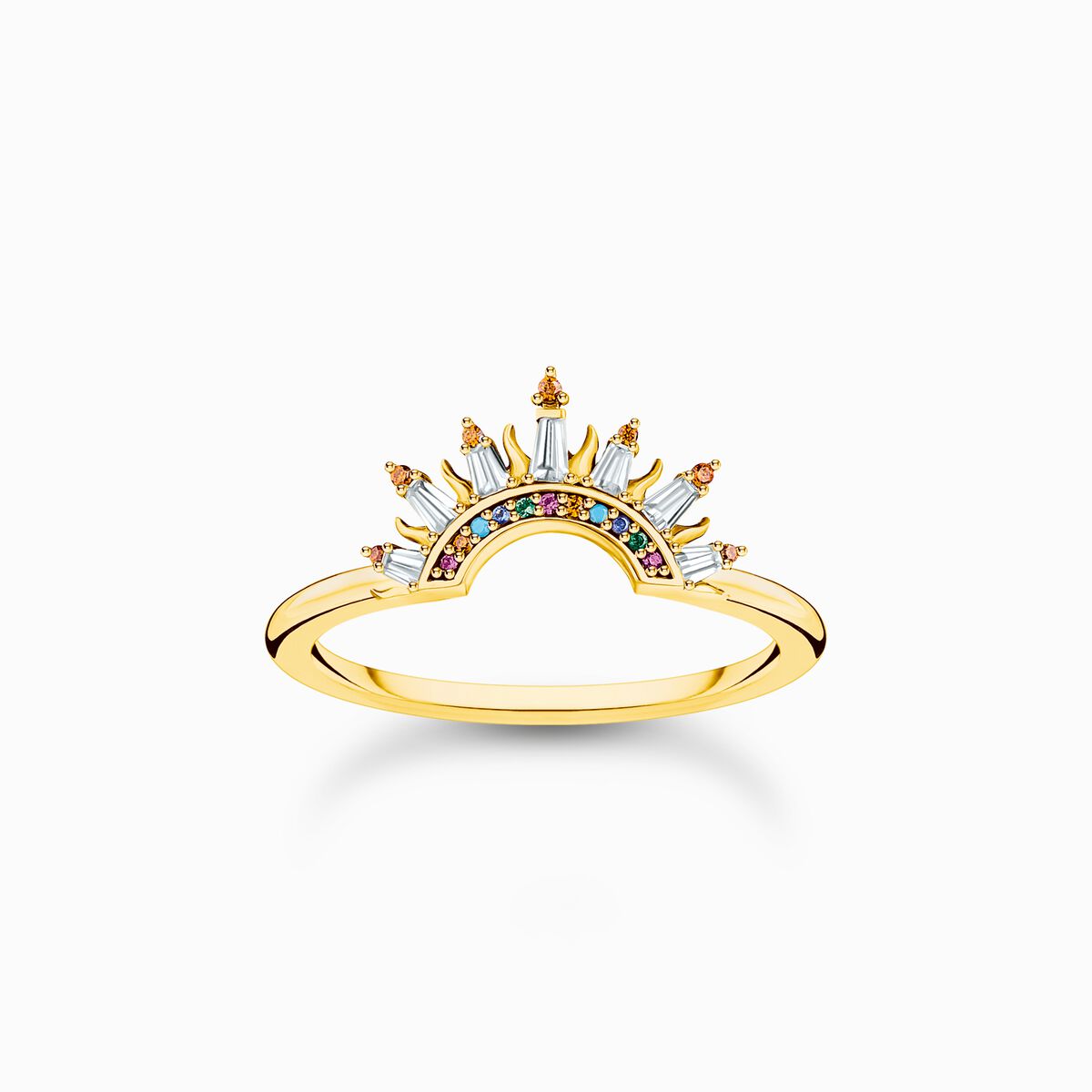 Gold-plated ring with sun beams and colourful stones