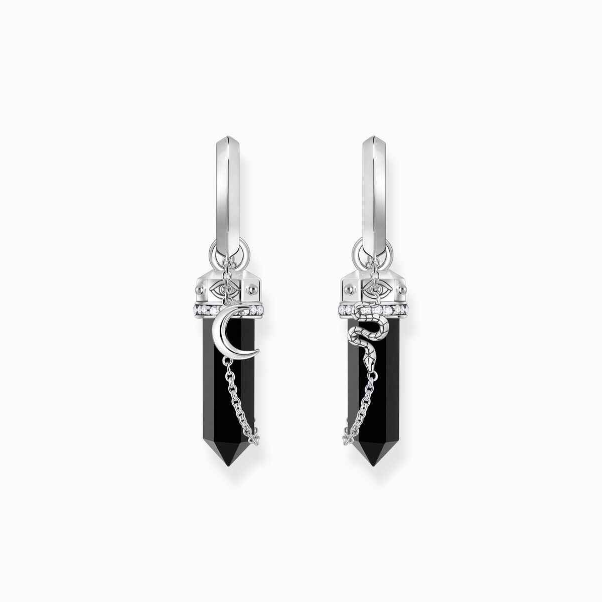 Silver hoop earrings with onyx in hexagon-shape and small chain