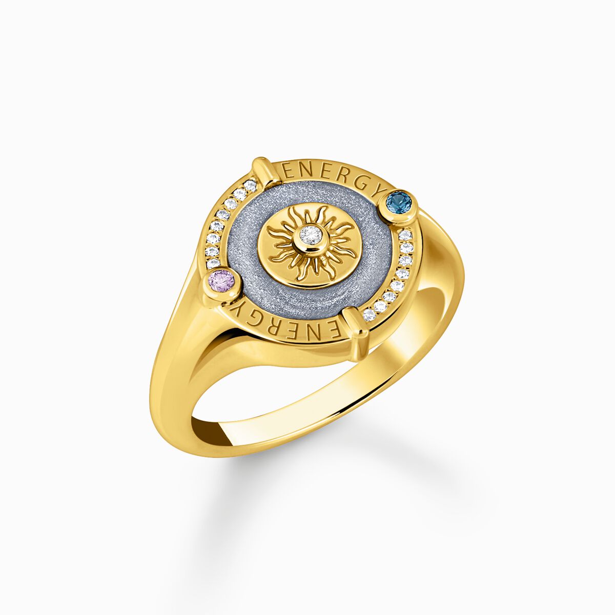 Gold-plated signet ring with blue cold enamel and stones