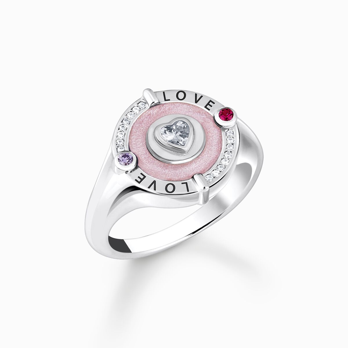 Silver signet ring with stones and pinkish cold enamel