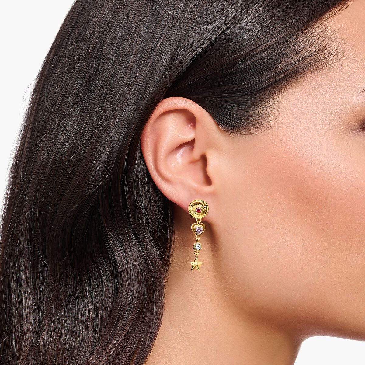 Yellow-gold plated earrings with 3D symbols and colourful stones