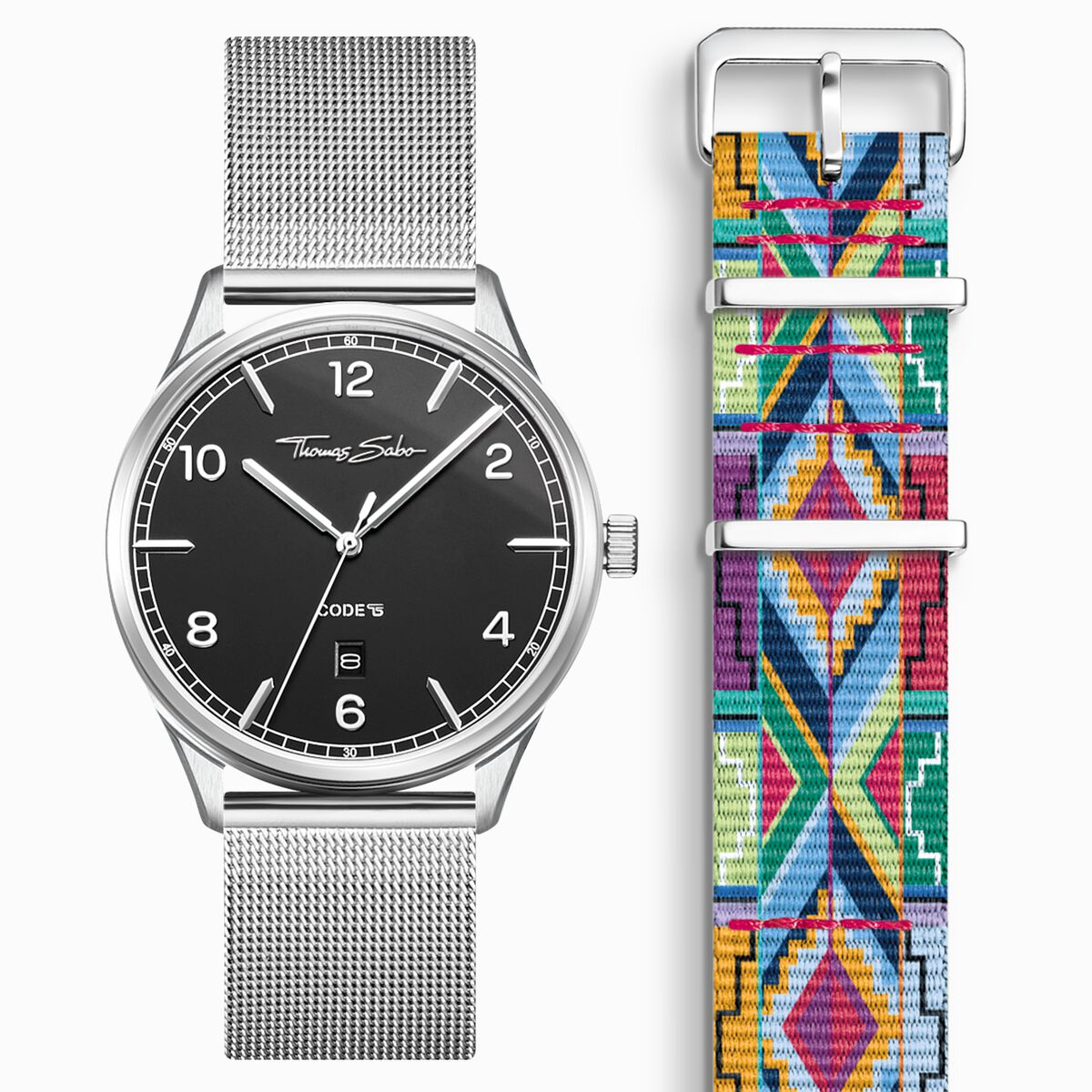 SET CODE TS black watch & coloured graphic pattern strap